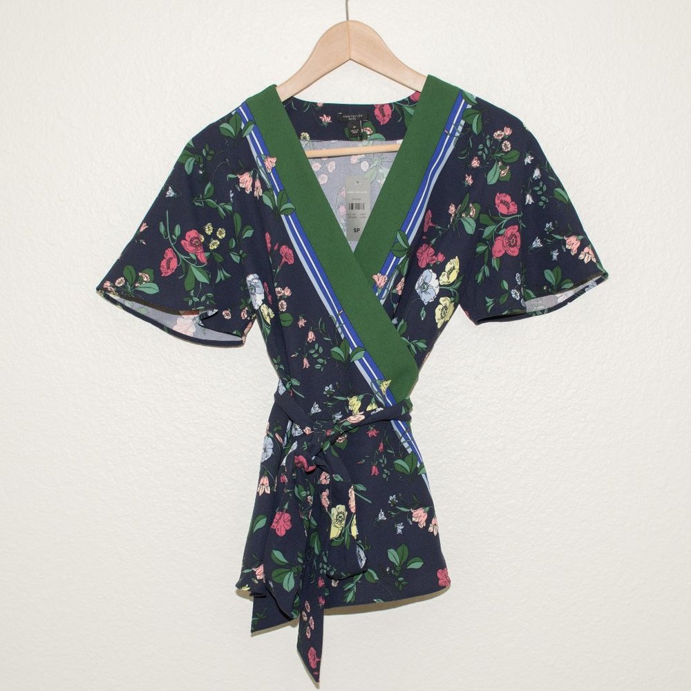 Ann Taylor Petite Blue Floral Kimono Wrap Top